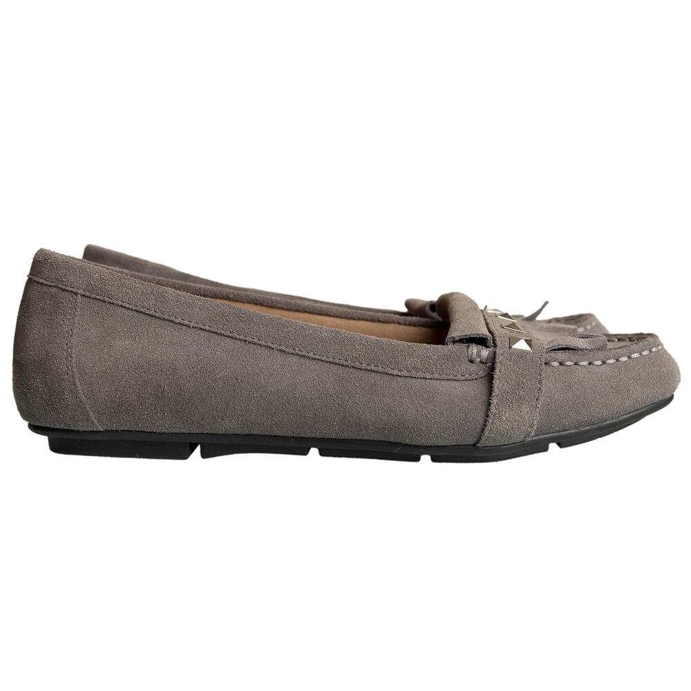 Designer Vionic Suede Leather Thera Gray Moccasin Loafers Fringe Comfort Sz8 EUC